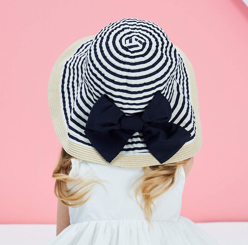 Connectyle Kids Summer Straw Hat Foldable Wide Brim Beach Travel Bowknot Hat for Girls L Navy Blue - Image 3